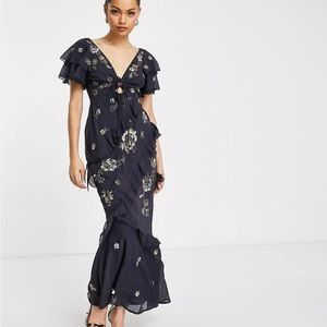 ASOS Petite Ruffle Embelleshed Maxi Dress in Dusty Blue, L / US 12 , #108410726